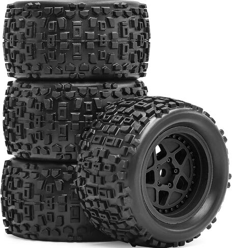 Pre-Glued RC 1/16 & 1/18 Monster Truck Tires, Soft Rubber Tire and Nylon Wheels Rims with 12mm hex Compatible with ARRMA 1/18 Granite/Typhon Grom, WLtoys A949, MJX Hyper Go H16 RC Buggy, 4PCS (Black) in Saudi Arabia