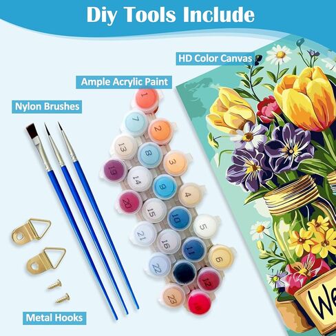 VCLKDIY ترحيب زهرة الربيع الطلاء بالأرقام مجموعات للبالغين، DIY قماش الطلاء بالأرقام مجموعات للبالغين المبتدئين، اللوحة الأكريليك للمبتدئين الفن بالأرقام ديكور جدار المنزل 16 × 20 بوصة in Saudi Arabia