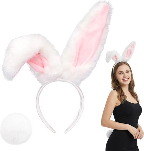 Easter Bunny Ears Headband and Tail Set Furry Bendable Rabbit Ears Headband Fluffy Tail Costume for Women Easter Halloween Party Accessories in Saudi Arabia
