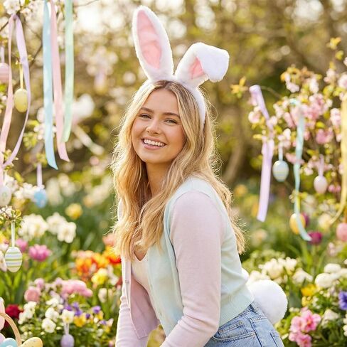 Easter Bunny Ears Headband and Tail Set Furry Bendable Rabbit Ears Headband Fluffy Tail Costume for Women Easter Halloween Party Accessories in Saudi Arabia