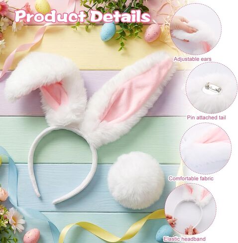 Easter Bunny Ears Headband and Tail Set Furry Bendable Rabbit Ears Headband Fluffy Tail Costume for Women Easter Halloween Party Accessories in Saudi Arabia