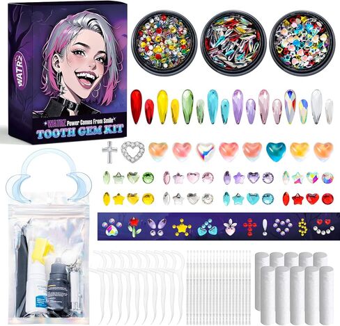 مجموعة WATRZ Vampire Fang Tooth Gem Kit مع 475 جوهرة تتضمن مجموعة أحجار كريمة من الكريستال على شكل أوبال ودمعة على شكل ناب لمجوهرات أسنان مصاصي الدماء DIY (مصاص الدماء) in Kuwait