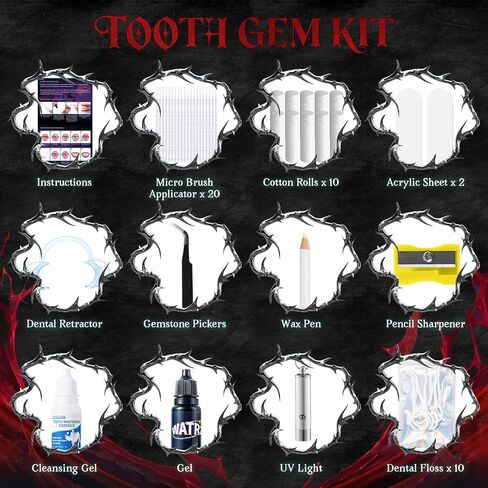 مجموعة WATRZ Vampire Fang Tooth Gem Kit مع 475 جوهرة تتضمن مجموعة أحجار كريمة من الكريستال على شكل أوبال ودمعة على شكل ناب لمجوهرات أسنان مصاصي الدماء DIY (مصاص الدماء) in Kuwait