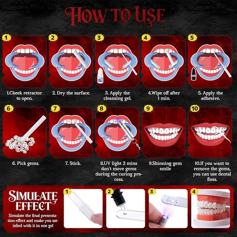 مجموعة WATRZ Vampire Fang Tooth Gem Kit مع 475 جوهرة تتضمن مجموعة أحجار كريمة من الكريستال على شكل أوبال ودمعة على شكل ناب لمجوهرات أسنان مصاصي الدماء DIY (مصاص الدماء) in Kuwait