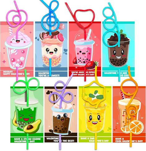 Valentines Day Cards for Kids with 32 Pack of Crazy Loop Reusable Drinking Straws, Bulk Valentine Exchange Cards for Girls Boys School Class Exchange Gifts Prizes, Valentine's Party Favors, 8 Styles in Saudi Arabia