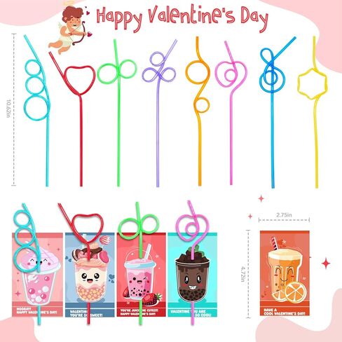 Valentines Day Cards for Kids with 32 Pack of Crazy Loop Reusable Drinking Straws, Bulk Valentine Exchange Cards for Girls Boys School Class Exchange Gifts Prizes, Valentine's Party Favors, 8 Styles in Saudi Arabia