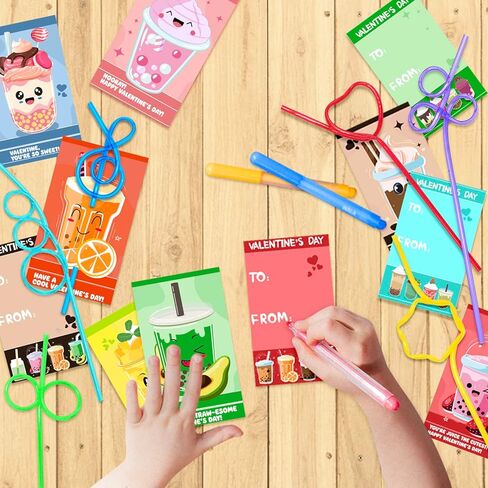 Valentines Day Cards for Kids with 32 Pack of Crazy Loop Reusable Drinking Straws, Bulk Valentine Exchange Cards for Girls Boys School Class Exchange Gifts Prizes, Valentine's Party Favors, 8 Styles in Saudi Arabia