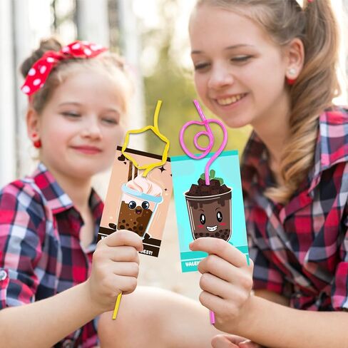 Valentines Day Cards for Kids with 32 Pack of Crazy Loop Reusable Drinking Straws, Bulk Valentine Exchange Cards for Girls Boys School Class Exchange Gifts Prizes, Valentine's Party Favors, 8 Styles in Saudi Arabia