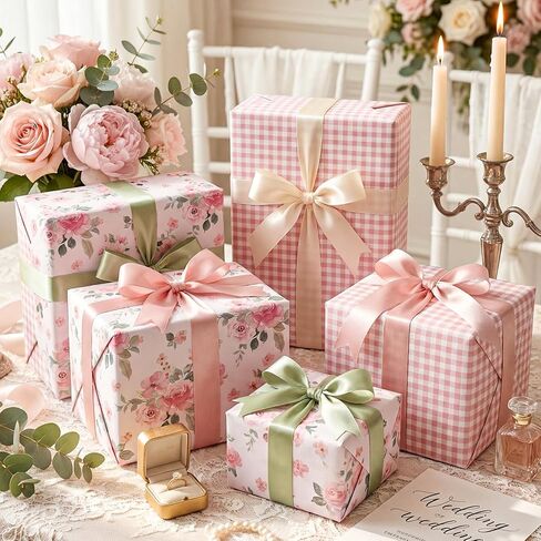 woric Reversible Floral Wrapping Paper Roll 17 Inch x 33 Feet Pink Floral Plaid Gift Wrapping for Wedding, Bridal Shower, Mother's Day, Birthday, Baby Shower, Spring Easter Decor in Saudi Arabia