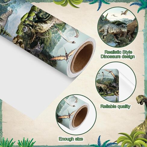 Pajean Dinosaur Wrapping Paper Roll - 33 Ft x 17 Inch Realistic Style Dinosaurs Large Wrapping Paper for Birthday Baby Shower Party Decoration Favors Gifts Packing Supplies in Saudi Arabia