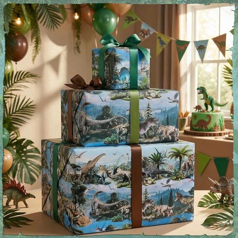 Pajean Dinosaur Wrapping Paper Roll - 33 Ft x 17 Inch Realistic Style Dinosaurs Large Wrapping Paper for Birthday Baby Shower Party Decoration Favors Gifts Packing Supplies in Saudi Arabia
