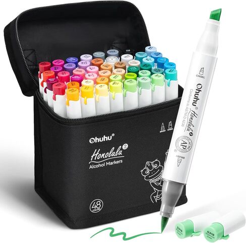 Ohuhu Alcohol Markers Brush and Chisel Tip: 48-Color Double Tipped Art Marker Set for Artist Adults Cozy Coloring Illustrations - Honolulu 2- Brush and Chisel Dual Tips- Refillable - AP Certificated in Saudi Arabia