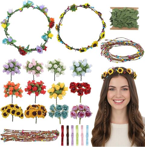 مجموعة صنع تيجان الزهور DIY، 195 قطعة اصنعي مجموعة صنع عصابة رأس الزهور الجنية الخاصة بك، مجموعة إكسسوارات الشعر المصنوعة يدويًا من الزهور الإبداعية للنساء لحفلات أعياد الميلاد والفنون والهدايا الإبداعية in Saudi Arabia