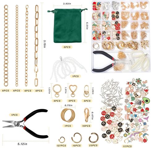 مجموعة صنع المجوهرات DIY XUHAO7 - مجموعة حرفية الكل في واحد مكونة من 313 قطعة مع المعلقات وخرز اللؤلؤ والسلاسل والكماشة وصندوق تخزين و5 أكياس مخملية برباط وأساور وسلاسل مفاتيح in Kuwait