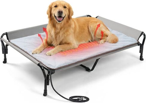 Veehoo Elevated Dog Bed with Plush Heated Mat, Raised Dog Bed with Waterproof Heating Pads for Cats & Dogs Outdoor Indoor, Heated Dog Sofa Bed with Power Line Protection Tube, 50.4" x 33.5", Grey in Saudi Arabia