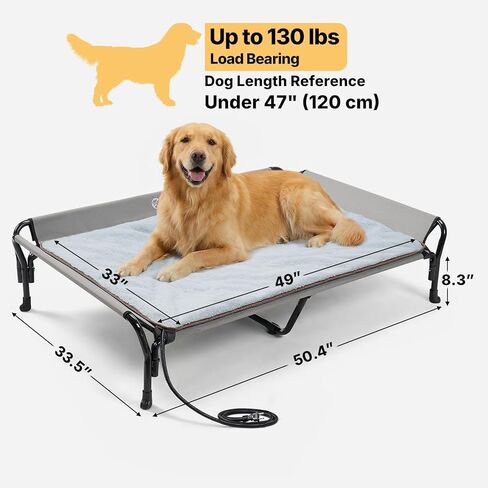 Veehoo Elevated Dog Bed with Plush Heated Mat, Raised Dog Bed with Waterproof Heating Pads for Cats & Dogs Outdoor Indoor, Heated Dog Sofa Bed with Power Line Protection Tube, 50.4" x 33.5", Grey in Saudi Arabia