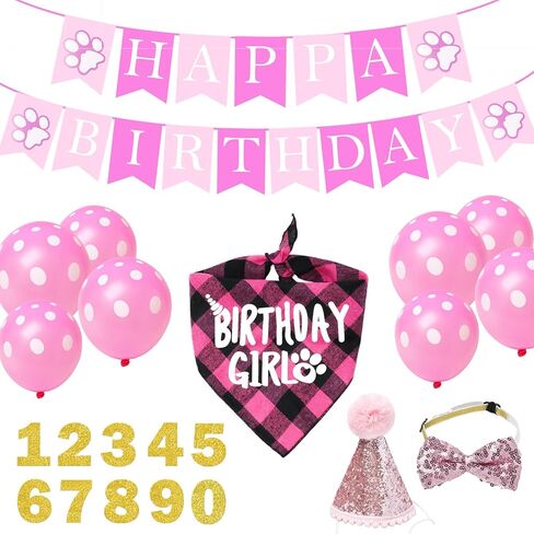 Cat Birthday Party Supplies, Cat Birthday Hat with Number Bandana Bow Tie Banner Balloons for Cats Decorations (Pink) in Saudi Arabia
