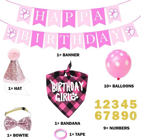 Cat Birthday Party Supplies, Cat Birthday Hat with Number Bandana Bow Tie Banner Balloons for Cats Decorations (Pink) in Saudi Arabia