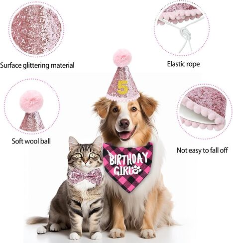 Cat Birthday Party Supplies, Cat Birthday Hat with Number Bandana Bow Tie Banner Balloons for Cats Decorations (Pink) in Saudi Arabia