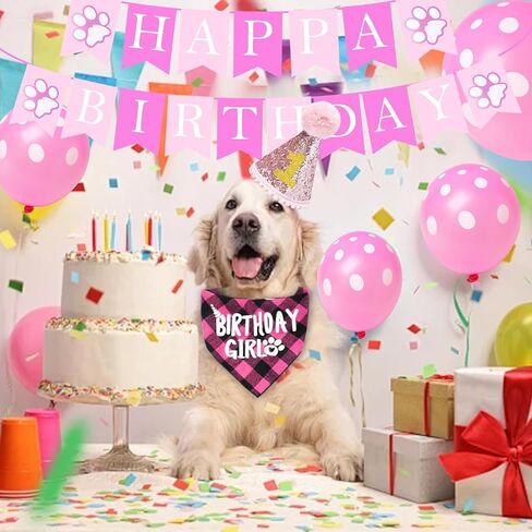 Cat Birthday Party Supplies, Cat Birthday Hat with Number Bandana Bow Tie Banner Balloons for Cats Decorations (Pink) in Saudi Arabia