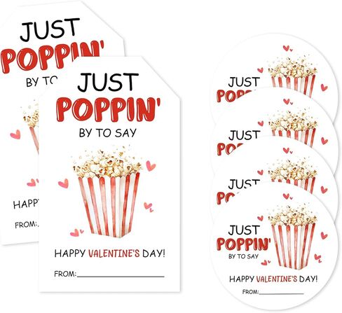 40 قطعة من ملصقات ملصقات عيد الحب للفشار - Just Poppin by to Say - علامات هدايا عيد الحب للمراهقين، مغلفات وبطاقات تزيين للعائلة والأصدقاء - لوازم هدايا حفلات عيد الحب - A03 in Kuwait