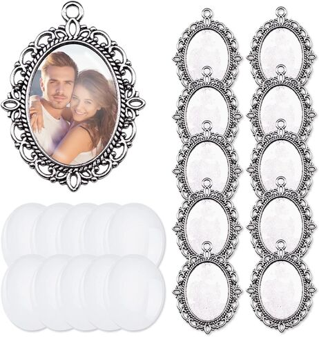 20Pcs Photo Charms Cabochon Blanks Set 10Pcs Large Oval Pendant Trays with 10 Glass Cabochons for Memorial Jewelry Making Bridal Bouquet Charms DIY in Saudi Arabia