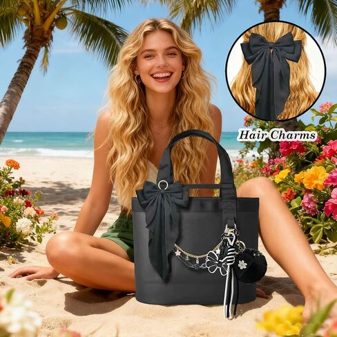 8PCS Tote Bag Decor Kit, Decorative Bow & Pom Pom Accessories, Compatible with YETI Camino 20/35/50 Carryall, Bogg Beach Tote Bags(Black Midnight) in Saudi Arabia