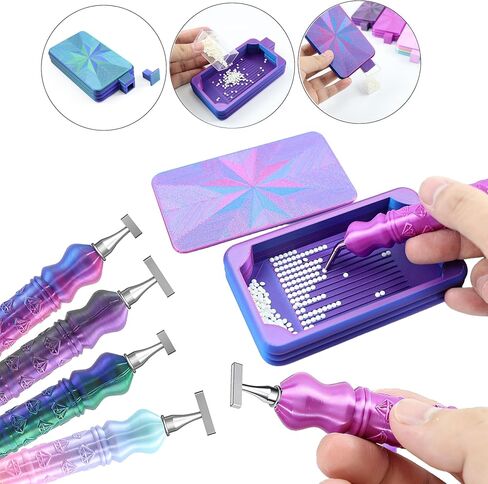 Diamond Art Pen, Include 1,3,6,9, Screw Threaded Steel Nibs and Diamond Painting Trays with Lids, Diamond Art Accessories and Tools for 5D Diamond Painting Beads, Drill Bead Dot Pen Kit (Blue Purple) in Saudi Arabia