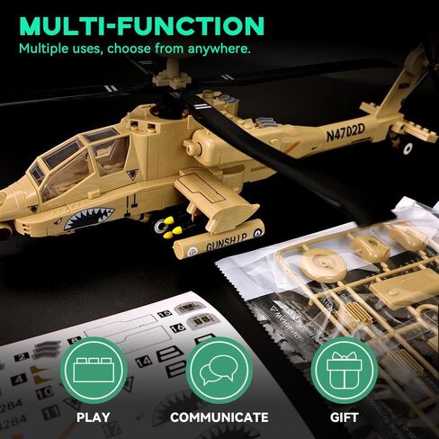 مجموعة بناء طائرة عسكرية من ArtorBricks AH-64 Apache مع حامل عرض - مجموعة نماذج مكونة من 183 قطعة للبالغين وهواة الجمع والمتحمسين، وتغليف صندوق هدايا ممتاز لهدايا العطلات وأعياد الميلاد in Kuwait