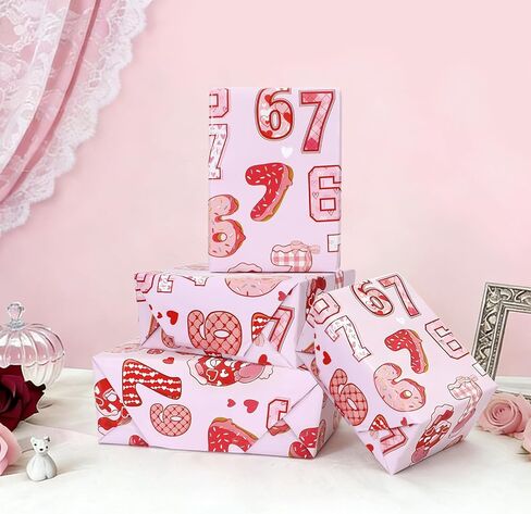 Whaline 67 ورق تغليف عيد الحب المضحك - لفة صغيرة - 16.9 بوصة × 32.8 قدم وردي أحمر شعبي ستة سبعة إنترنت 6 7 ورق تغليف هدايا لحفلات أعياد الميلاد وحفلات الزفاف DIY in Saudi Arabia