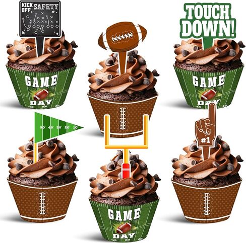 48-Pack Football Cupcake Toppers and Wrappers Set | Football Birthday Party Decorations for Soccer Theme Party Supplies in Kuwait