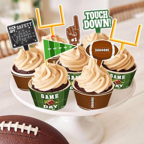 48-Pack Football Cupcake Toppers and Wrappers Set | Football Birthday Party Decorations for Soccer Theme Party Supplies in Kuwait