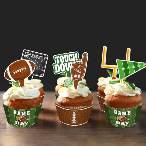 48-Pack Football Cupcake Toppers and Wrappers Set | Football Birthday Party Decorations for Soccer Theme Party Supplies in Kuwait