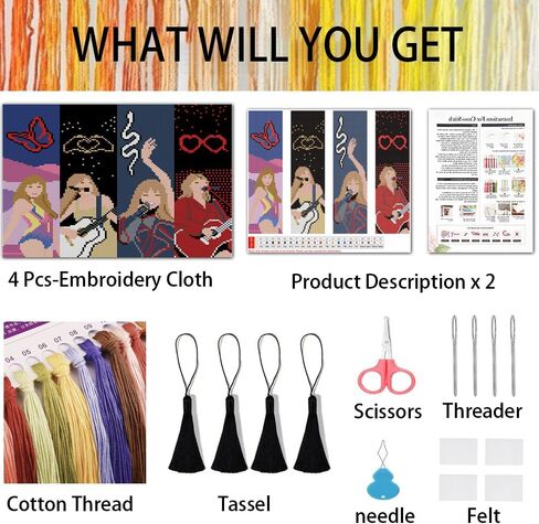 VIGEGU 4 Pack Cross Stitch Kits for Beginners,Singer Bookmarks for Women Stamped Cross Stitch Kits,11ct Cross Stitch Embroidery Kit for Beginners Crafts for Adults in Saudi Arabia
