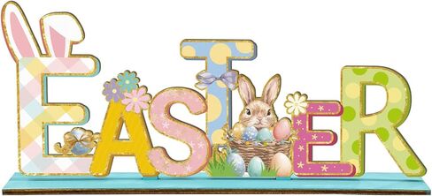 Easter Decorations 11.8x4.9 Inches Bunny Wooden Easter Table Decorations for Home Office Farmhouse Kitchen Spring Decor Table Centerpieces, Fiber Wood Bunnies Sign for Tiered Tray Shelf Party Decor in Kuwait