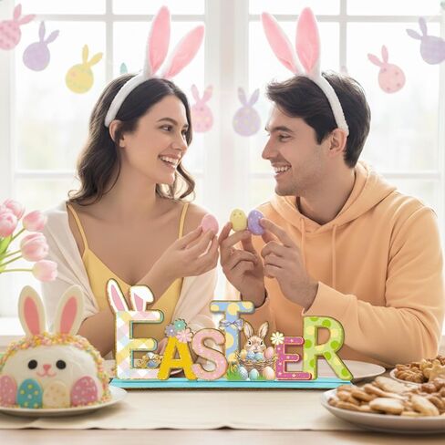 Easter Decorations 11.8x4.9 Inches Bunny Wooden Easter Table Decorations for Home Office Farmhouse Kitchen Spring Decor Table Centerpieces, Fiber Wood Bunnies Sign for Tiered Tray Shelf Party Decor in Kuwait