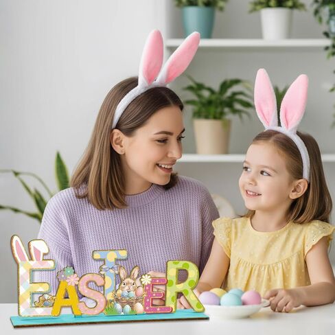 Easter Decorations 11.8x4.9 Inches Bunny Wooden Easter Table Decorations for Home Office Farmhouse Kitchen Spring Decor Table Centerpieces, Fiber Wood Bunnies Sign for Tiered Tray Shelf Party Decor in Kuwait