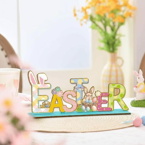 Easter Decorations 11.8x4.9 Inches Bunny Wooden Easter Table Decorations for Home Office Farmhouse Kitchen Spring Decor Table Centerpieces, Fiber Wood Bunnies Sign for Tiered Tray Shelf Party Decor in Kuwait