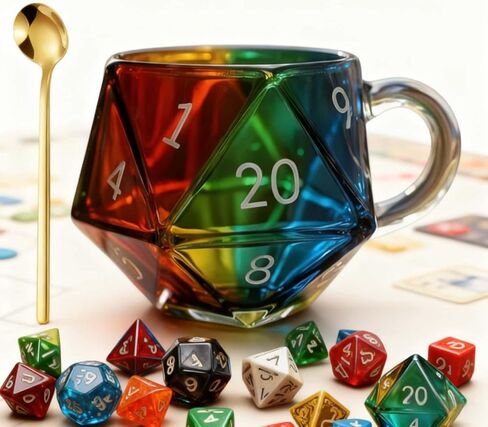 كوب النرد Rainbow D20، كوب ألعاب النرد متعدد السطوح ذو 20 جانبًا، كوب قهوة من الزجاج الشفاف المقاوم لدرجات الحرارة العالية، هدايا لمحبي ألعاب تقمص الأدوار واللوح (1) in Kuwait