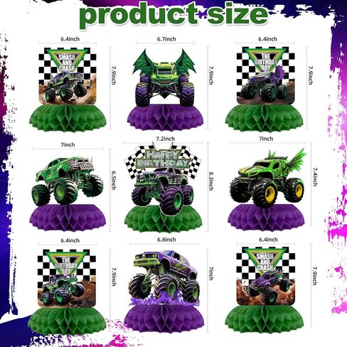 9Pcs Monster Truck Honeycomb Centerpieces Monster Truck Birthday Party Decorations Monster Truck Table Decorations Monster Truck Party Supplies in Saudi Arabia