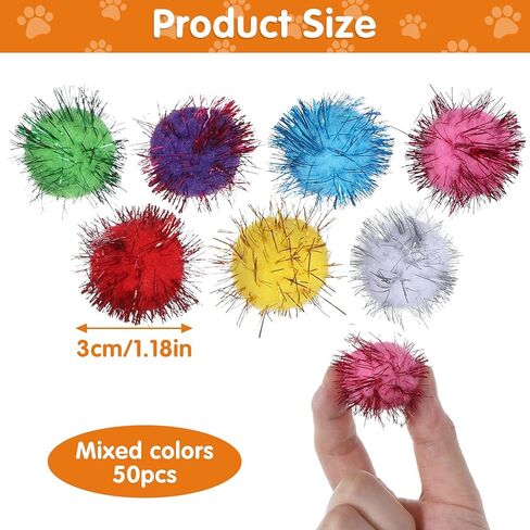50 PCS Colorful Cat Pom Pom Balls, Soft Fuzzy Cat Balls, Interactive Pet Play, 3cm Mixed Colors, Polyester, Lightweight, Safe, Fun, Ideal for Cats and Kittens in Saudi Arabia