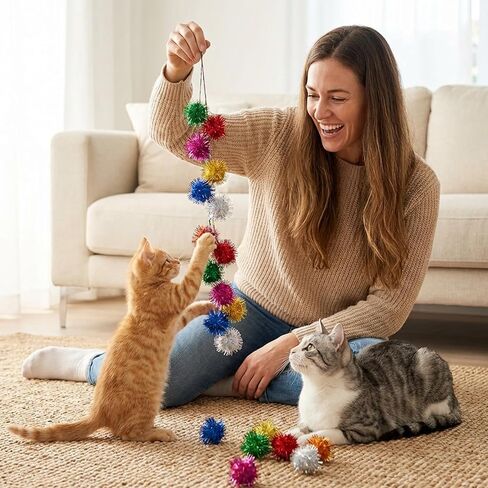 50 PCS Colorful Cat Pom Pom Balls, Soft Fuzzy Cat Balls, Interactive Pet Play, 3cm Mixed Colors, Polyester, Lightweight, Safe, Fun, Ideal for Cats and Kittens in Saudi Arabia