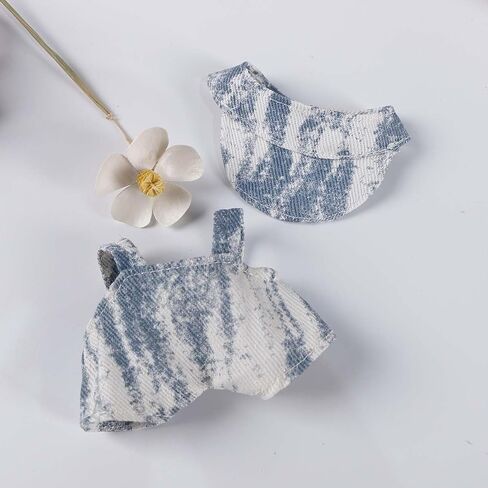 Compatible with Labubu 15cm/17cm (No Doll Included)- Blue Denim Tie-Dye Cap & Overalls Set, Stylish Doll Outfit Accessories (Blue Tie-Dye) in Saudi Arabia