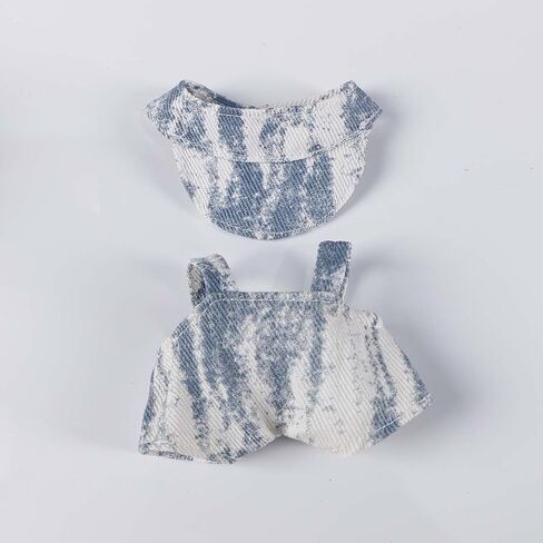 Compatible with Labubu 15cm/17cm (No Doll Included)- Blue Denim Tie-Dye Cap & Overalls Set, Stylish Doll Outfit Accessories (Blue Tie-Dye) in Saudi Arabia