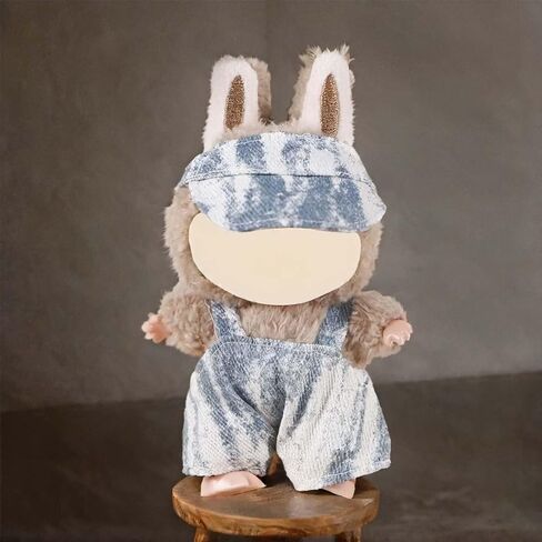 Compatible with Labubu 15cm/17cm (No Doll Included)- Blue Denim Tie-Dye Cap & Overalls Set, Stylish Doll Outfit Accessories (Blue Tie-Dye) in Saudi Arabia