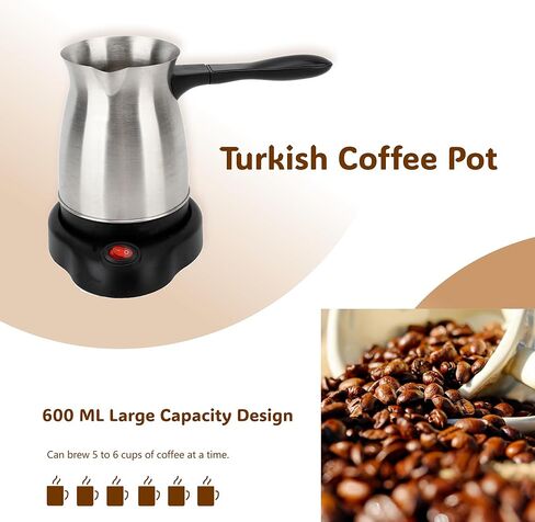إبريق قهوة تركي كهربائي من Gugxiom 600 مل، صانع القهوة التركية من الفولاذ المقاوم للصدأ، غلاية تسخين الشاي للسفر المنزلي in Kuwait