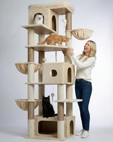 Globlazer Large Cat Tree, 80 inch Multi-Level Tall Climbing Tower Kitty Condos Cat Scratching Tower for Indoor Multiple Large Adult Cats Kittens with 3 Cat Caves, 3 Hanging Baskets, F80F, Light Grey in Kuwait