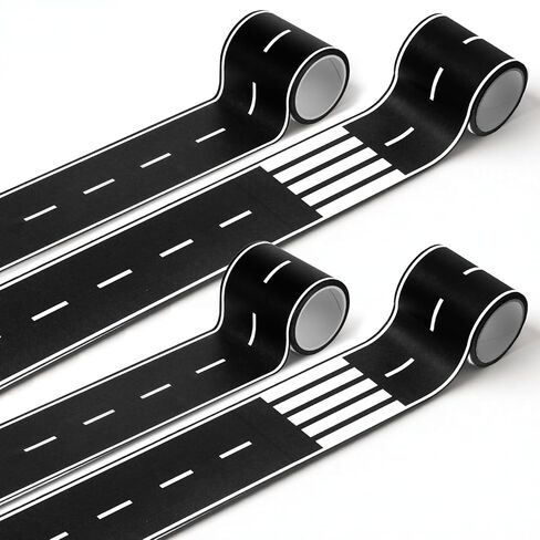 4 Rolls Roadway Tape, 65 Ft Long x 2 In Wide Black Road Track Tape Removable Residue Free Toy Car Road Tapes Stickers for Floors, DIY Toy Car Roadway Race, Kids Birthday Party Decoration (2 Styles) in Saudi Arabia