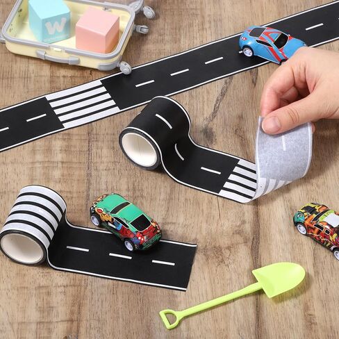 4 Rolls Roadway Tape, 65 Ft Long x 2 In Wide Black Road Track Tape Removable Residue Free Toy Car Road Tapes Stickers for Floors, DIY Toy Car Roadway Race, Kids Birthday Party Decoration (2 Styles) in Saudi Arabia