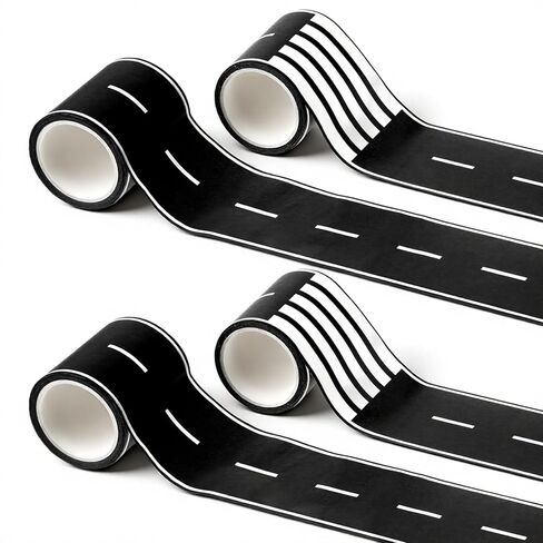 4 Rolls Roadway Tape, 65 Ft Long x 2 In Wide Black Road Track Tape Removable Residue Free Toy Car Road Tapes Stickers for Floors, DIY Toy Car Roadway Race, Kids Birthday Party Decoration (2 Styles) in Saudi Arabia